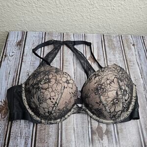 Victoria's secret tan black eyelash lace racer back push up bra Size 36DD
